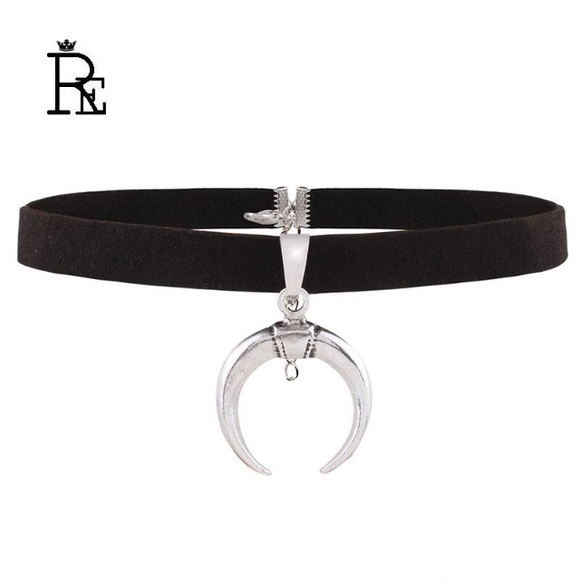 Black Suede Choker with Silver Mystic Moon - Picture 2 of 7
